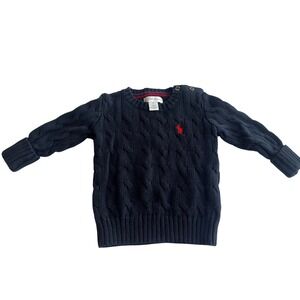 Ralph Lauren Baby Boys 6M Navy Blue Cable Knit Sweater Red Polo Pony